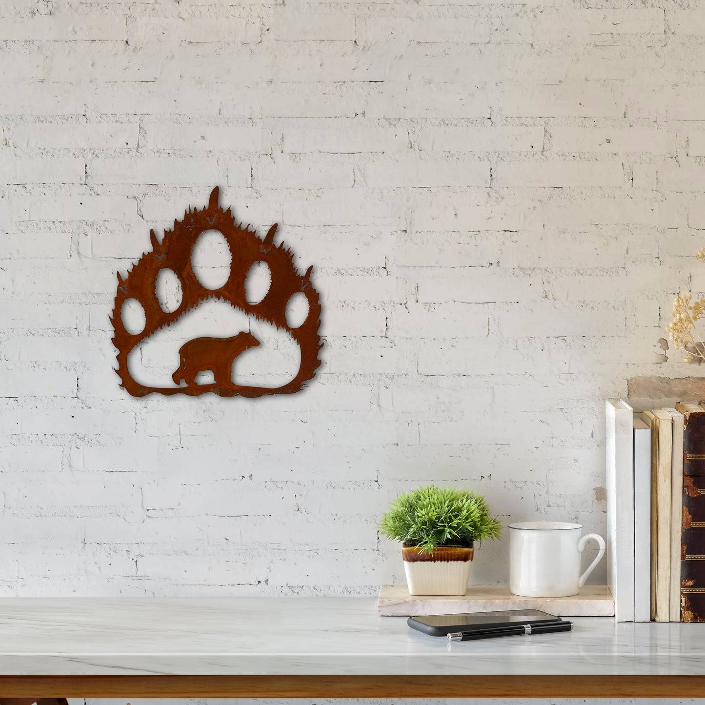 Large Bear Paw with Bear Scene Lodge and Rustic Metal Decor