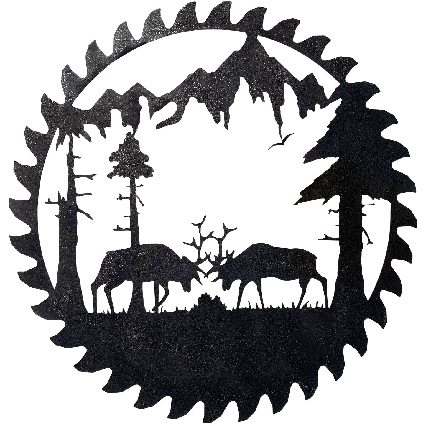 Fighting Elk Scene Buzz Saw Blade Cutout Metal Wall Decor