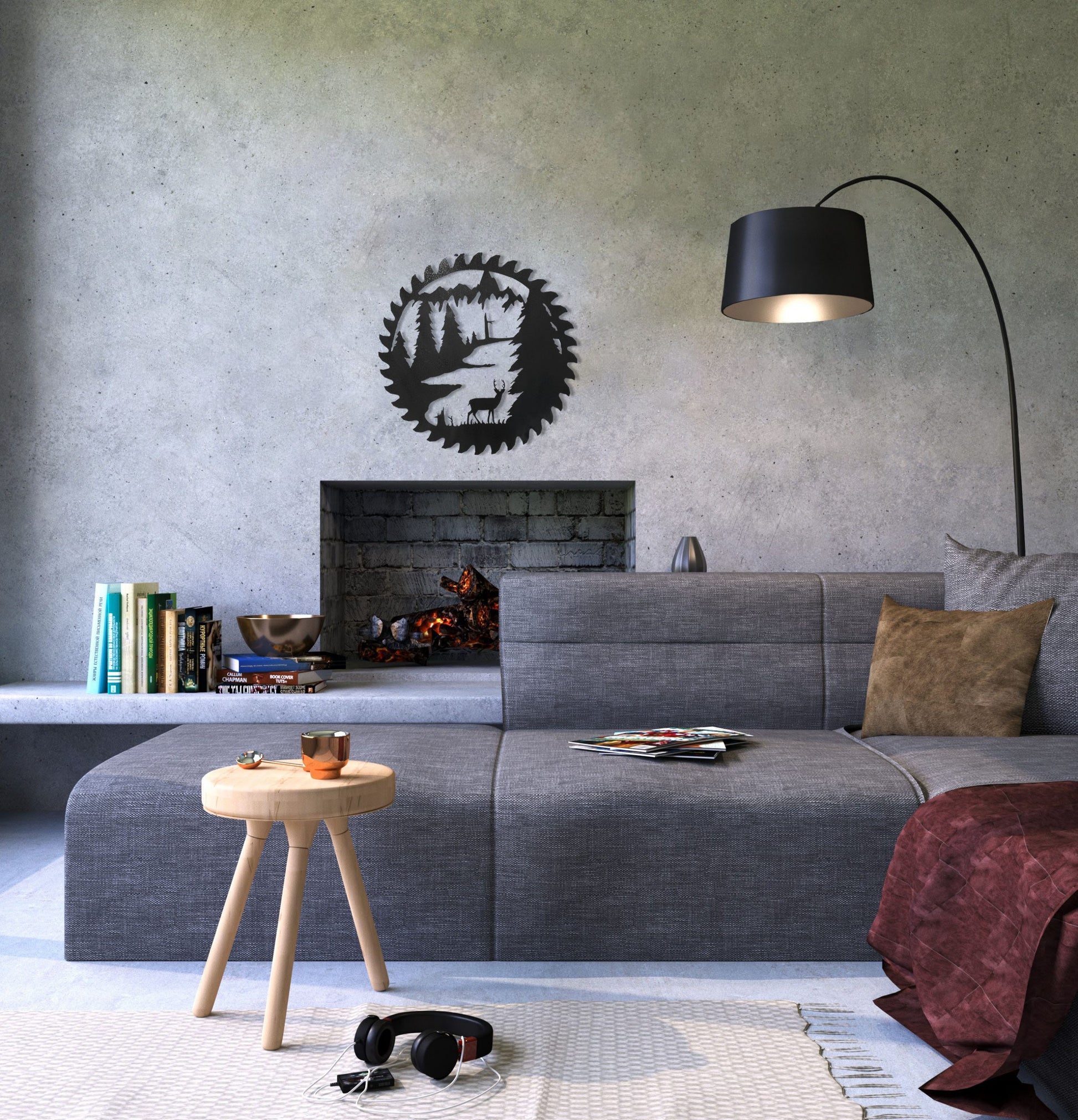 This scene of a deer standing among dead and living pine trees with a background of mountains and a stream has a finish of hammered black which gives great style to this modern living room space with neutral grey tones