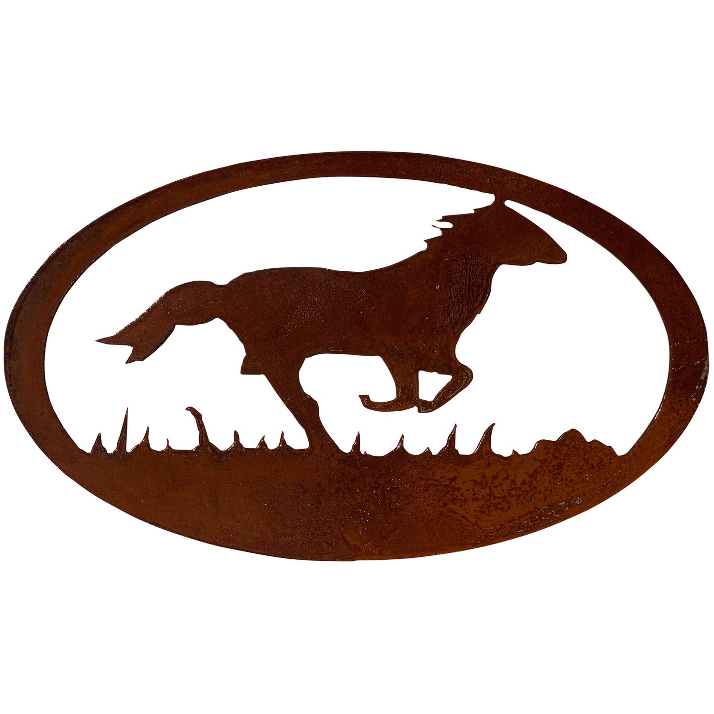 Horse Silhouette in an Oval Metal Decor with Rustic Theme