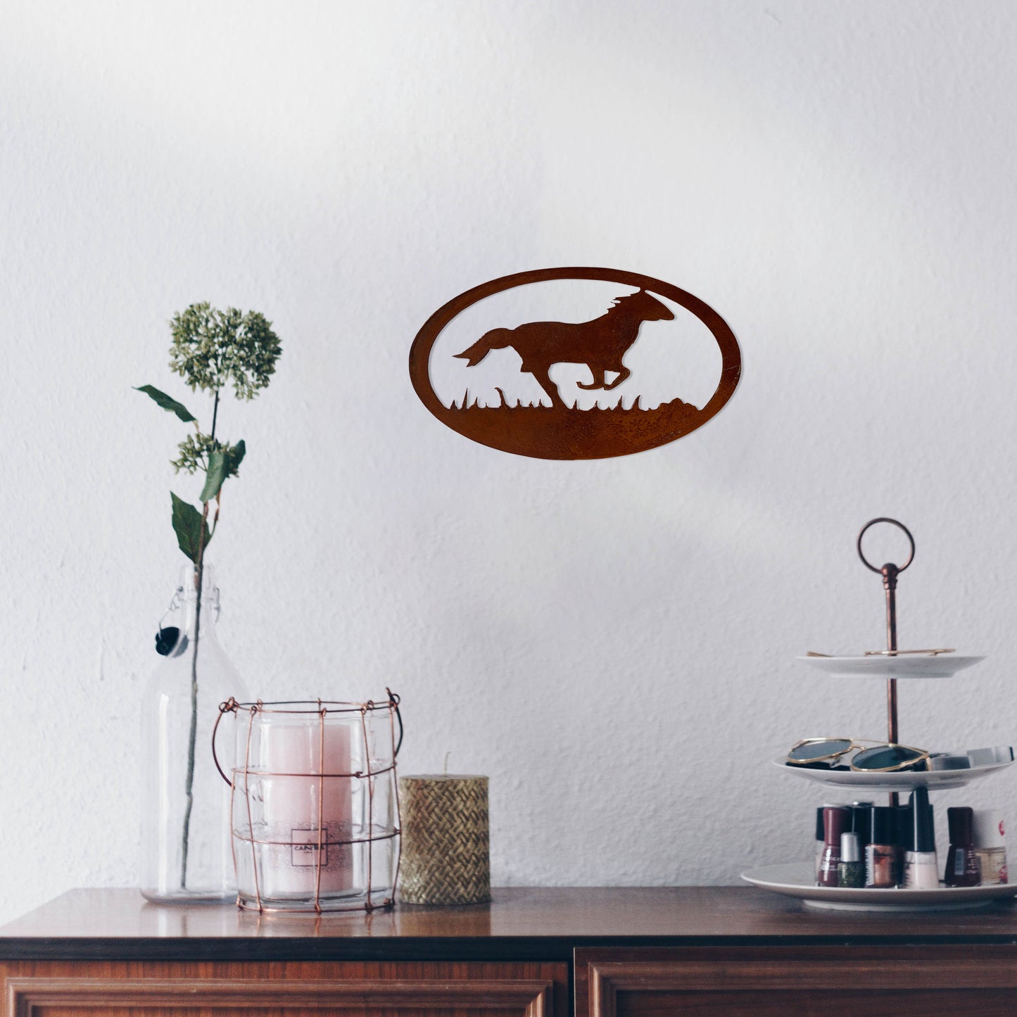 Horse Silhouette in an Oval Metal Decor with Rustic Theme