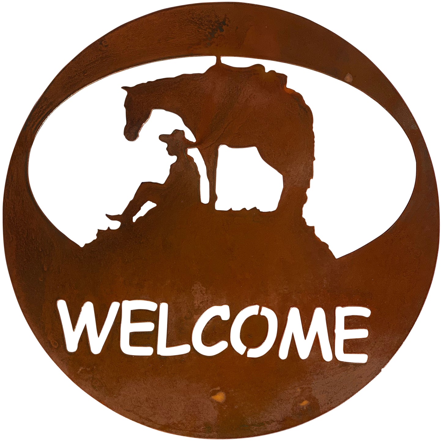 Horse & Cowboy Scene with Welcome Sign in Circle Silhouette