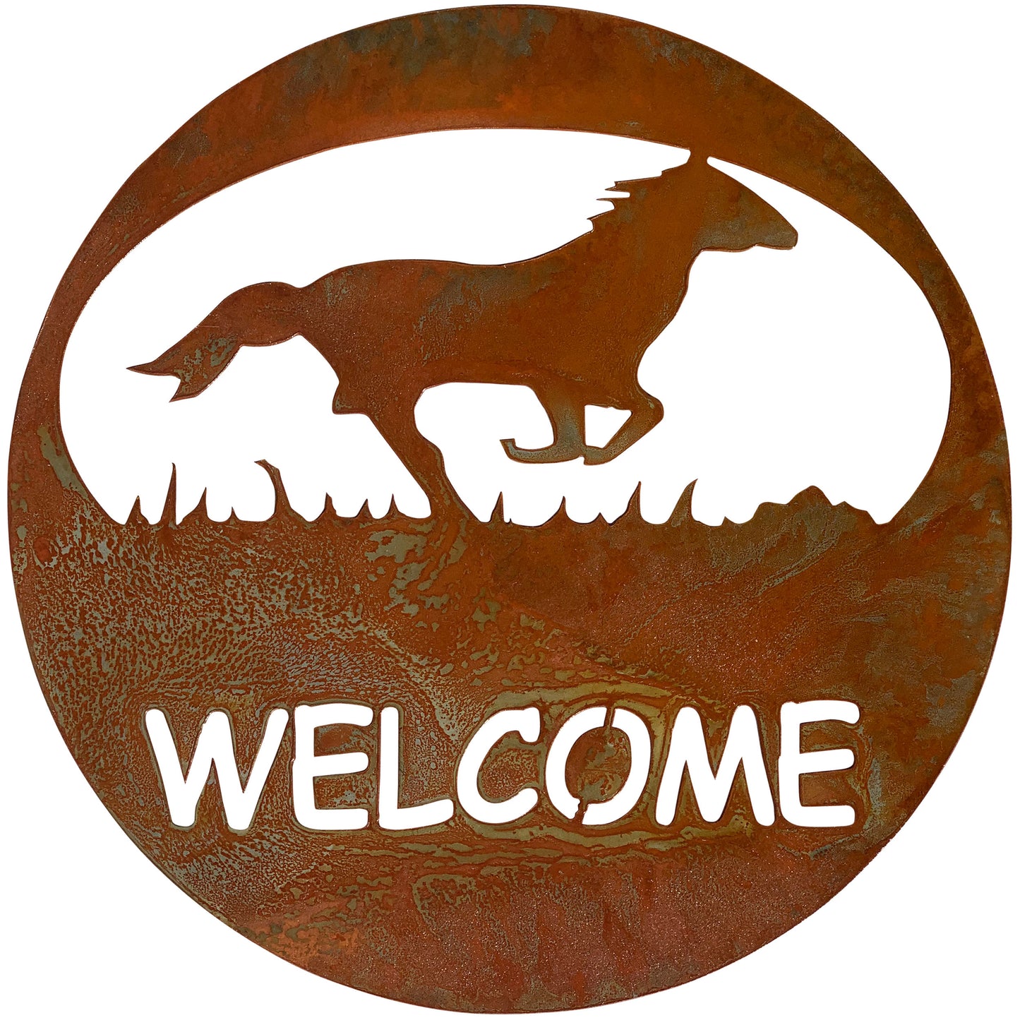 Running Horse Design Welcome Circle Metal Sign