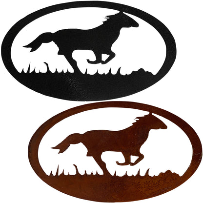 Horse Silhouette in an Oval Metal Decor with Rustic Theme