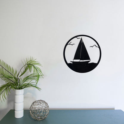 Metal Sailboat Silhouette Scene with Circle Frame