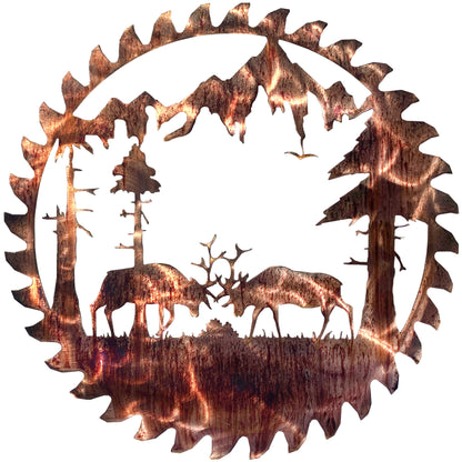 Fighting Elk Scene Buzz Saw Blade Cutout Metal Wall Decor