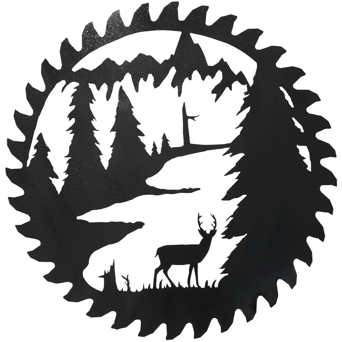 the deer standing among the trees in this reproduction of an authentic buzz saw blade with a hammered black finish
