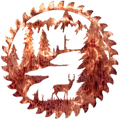 the distressed copper finish on this buzz saw blade really makes the standing deer among the trees look very modern