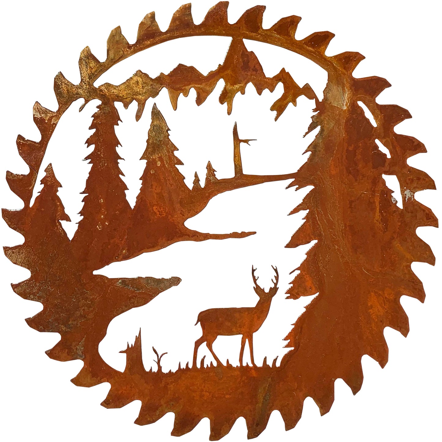 This rust patina buzz saw replica has a scene of a whitetail deer standing among pine trees and a river in the mountins and a rust natural patina finish