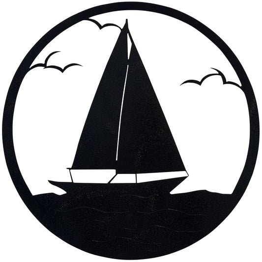 Metal Sailboat Silhouette Scene with Circle Frame