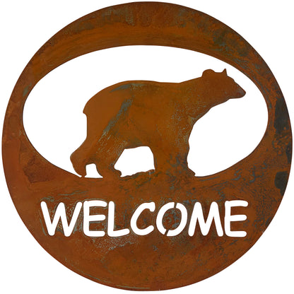 Bear Themed Welcome Sign Circle Metal Decor