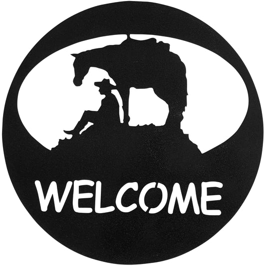 Horse & Cowboy Scene with Welcome Sign in Circle Silhouette